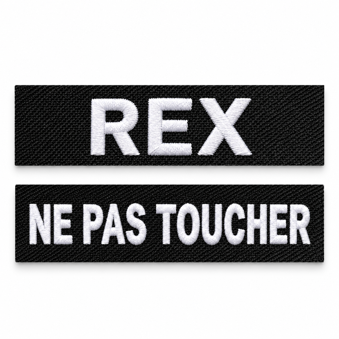 2 étiquettes brodées personnalisées pour harnais de chien