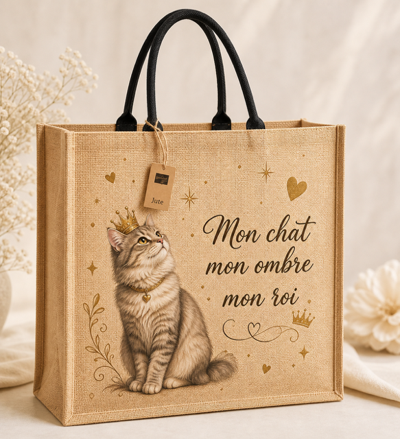 Sac cabas chat en jute imprimé – Mon chat mon ombre mon roi