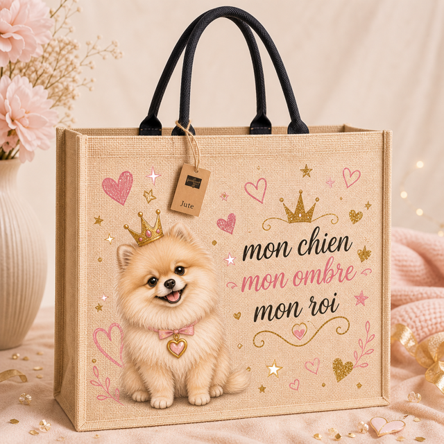 Sac cabas chien en jute imprimé – Mon chien mon ombre mon roi