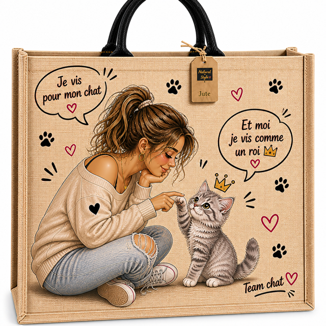 Sac cabas chat en jute imprimé – Je vis pour mon chat