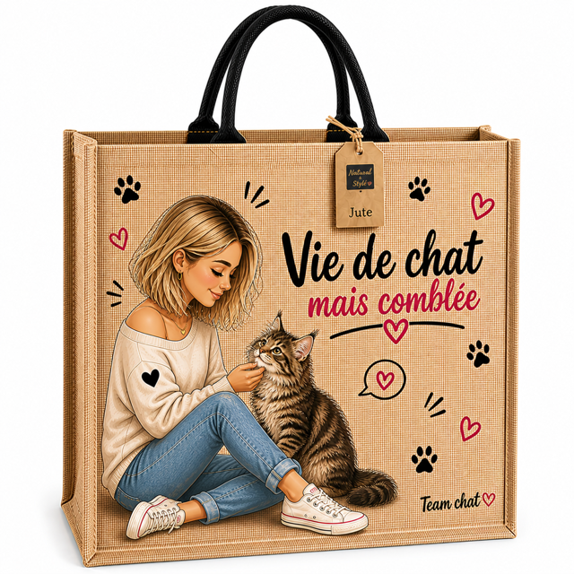 Sac cabas chat en jute imprimé – Vie de chat mais comblée