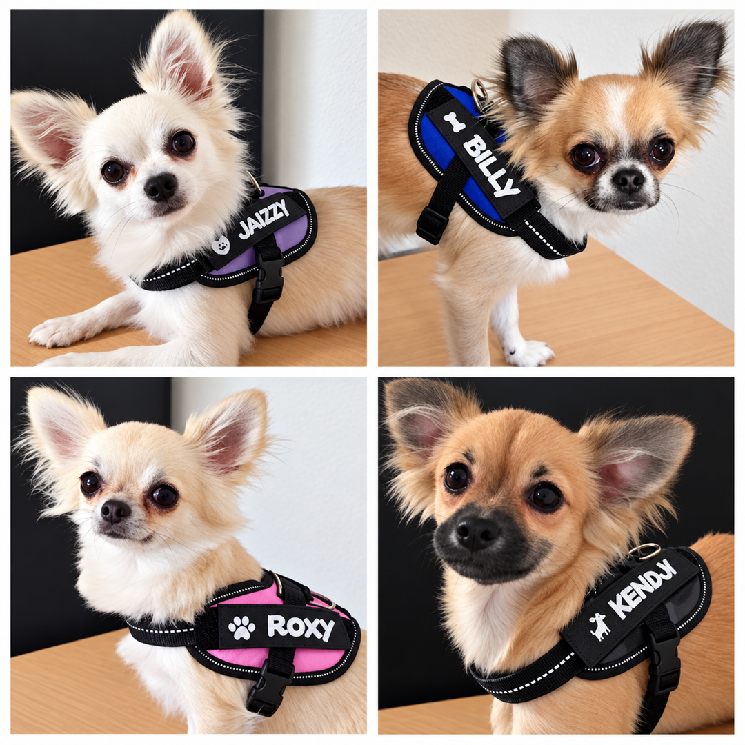 2 étiquettes brodées personnalisées pour harnais de chien