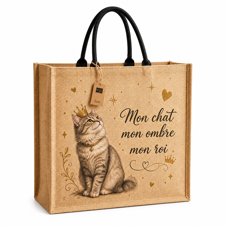 Sac cabas chat en jute imprimé – Mon chat mon ombre mon roi