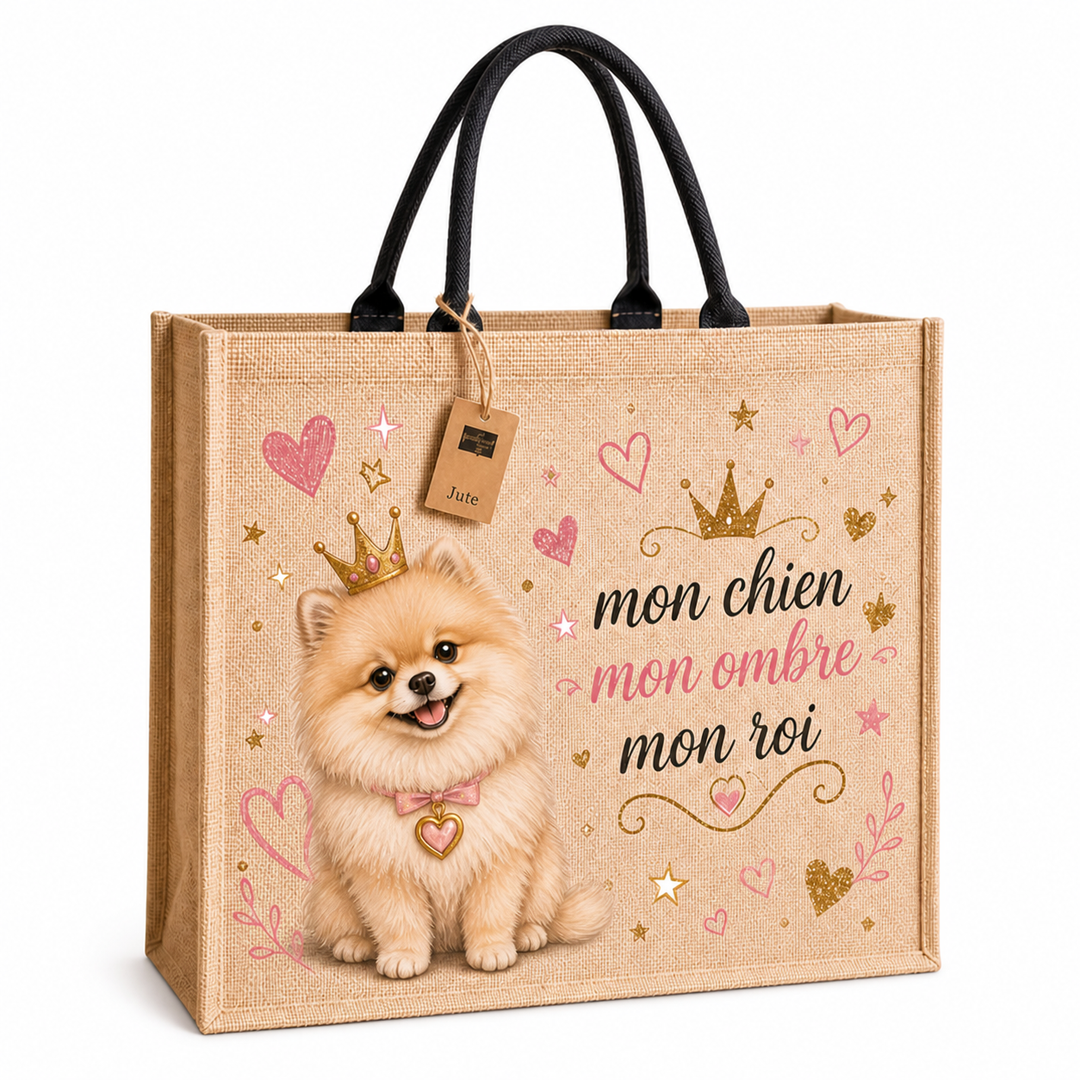 Sac cabas chien en jute imprimé – Mon chien mon ombre mon roi