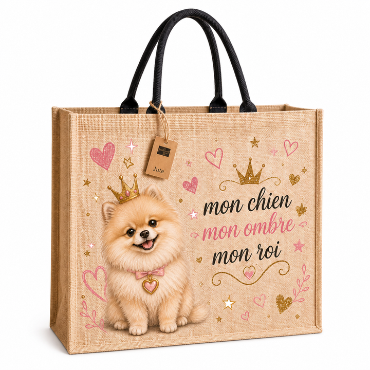 Sac cabas chien en jute imprimé – Mon chien mon ombre mon roi